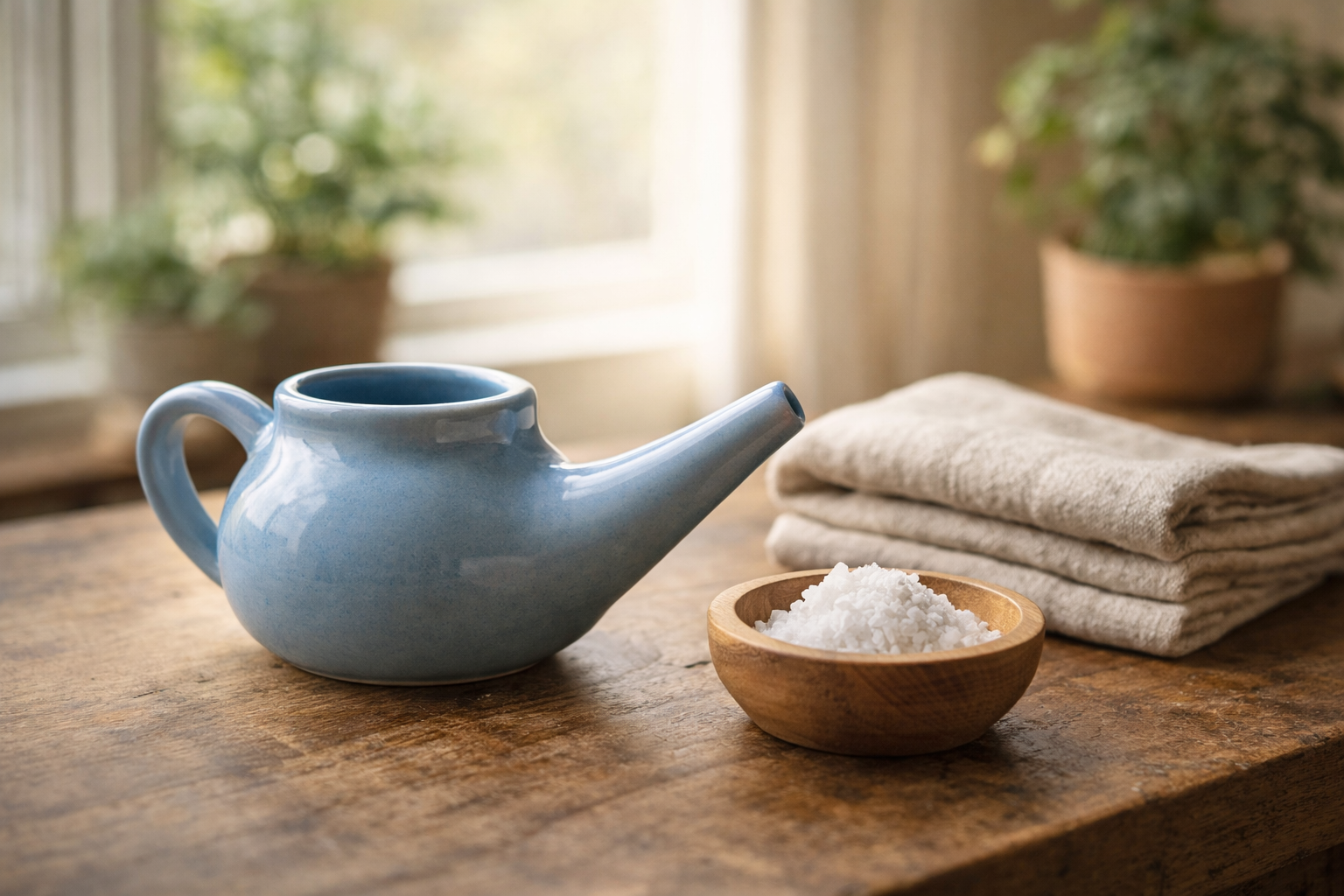 ceramic neti pot with nasal cleansing salt for sinus cleansing ritual