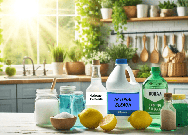 natural bleach alternatives (main image) showing peroxide, borax, lemons, etc.,