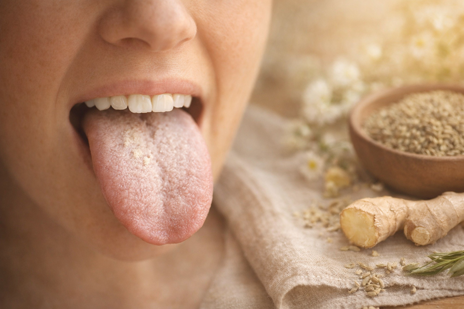 white coated tongue showing digestive imbalance and ama buildup